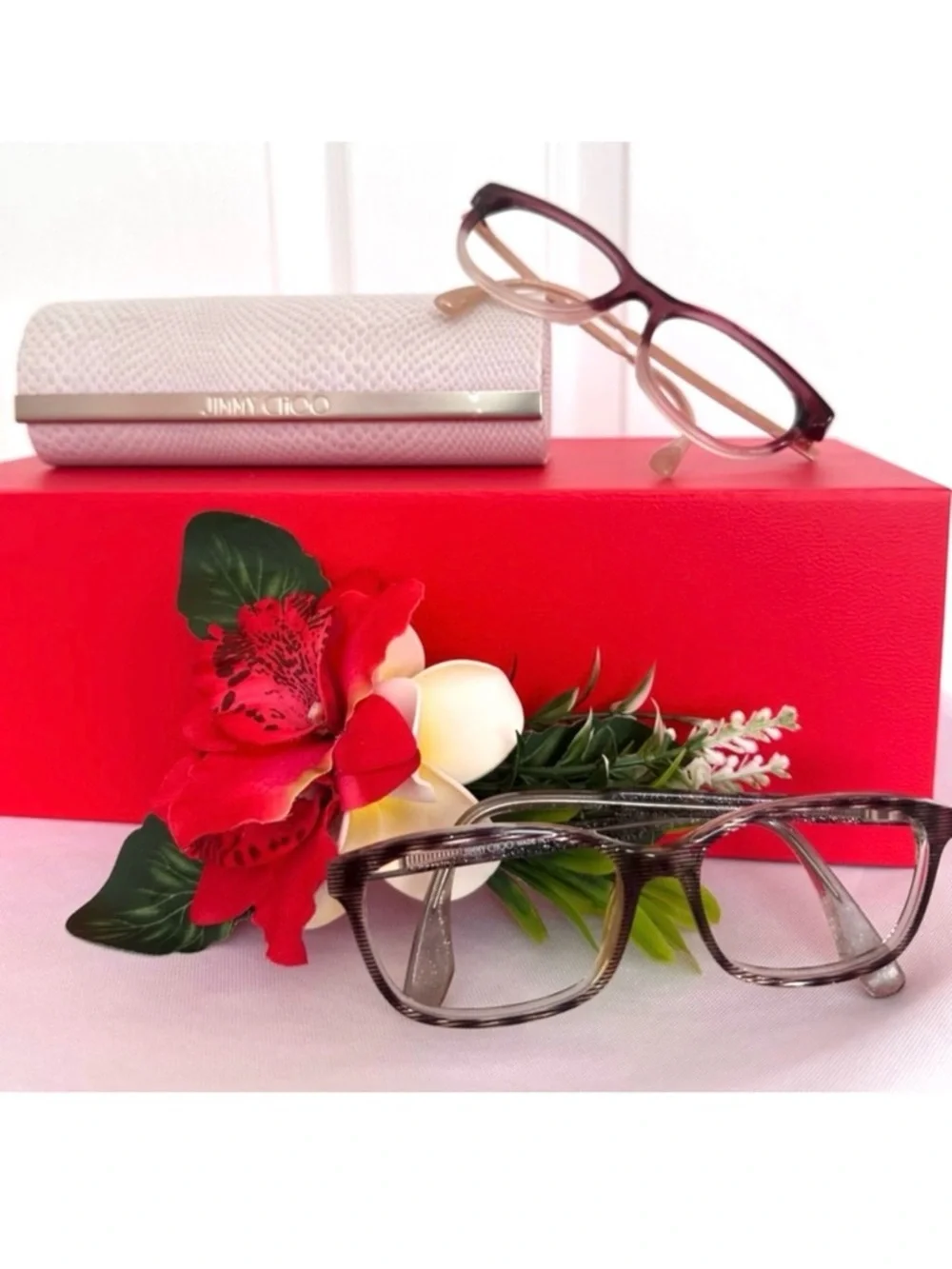 JIMMY CHOO ~ 2-Reading Glass Frames with Snakeskin Embossed Magnetic Case Holder